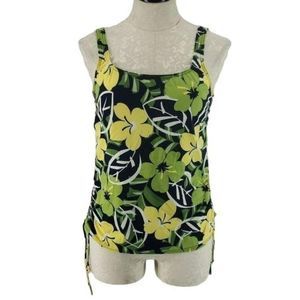 Baltex Tropical Floral Tankini Swim Top Yellow Green Hibiscus Size 14